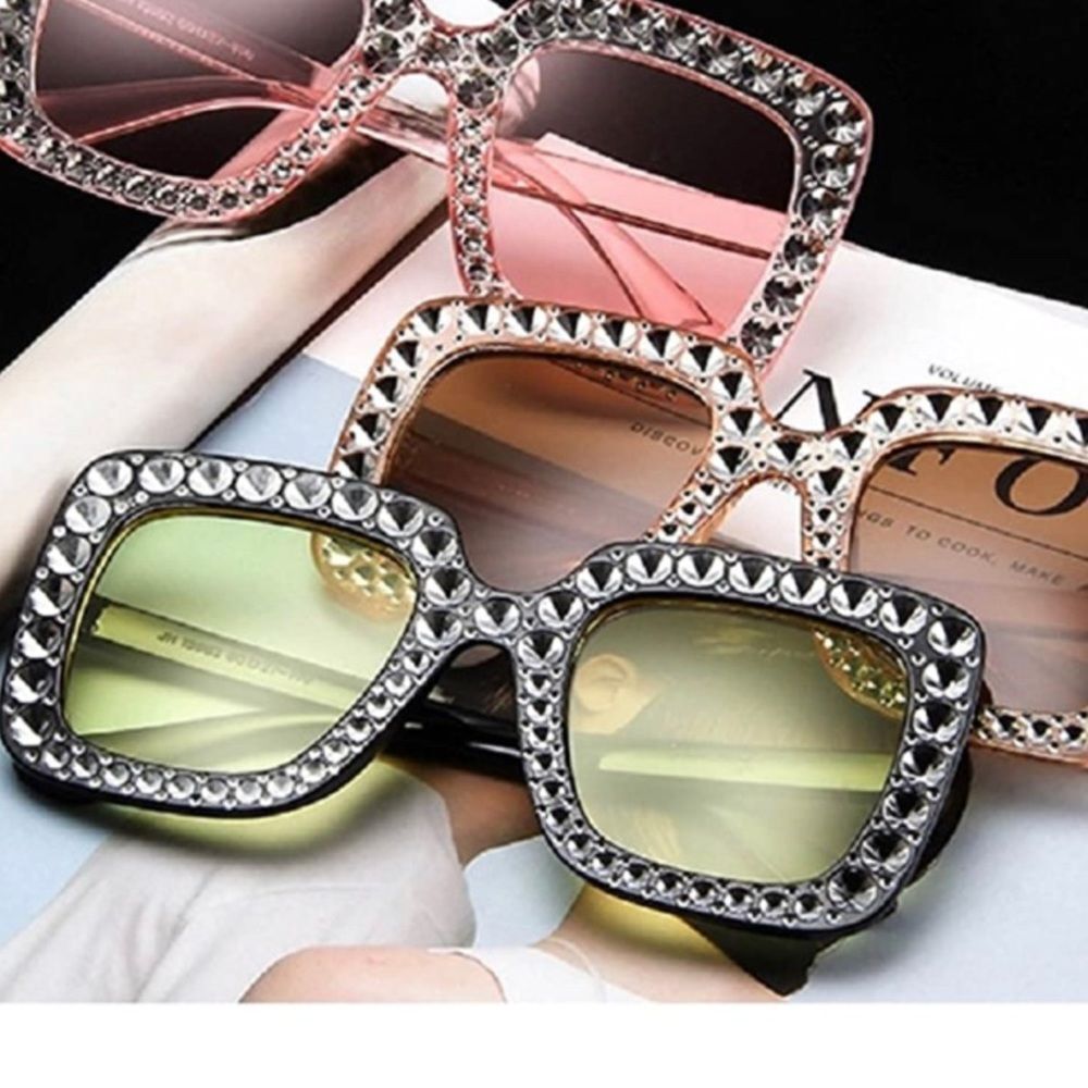 Brown Fashion Imitation Diamonds Cat Ear Square Classic Vintage Sunglasses